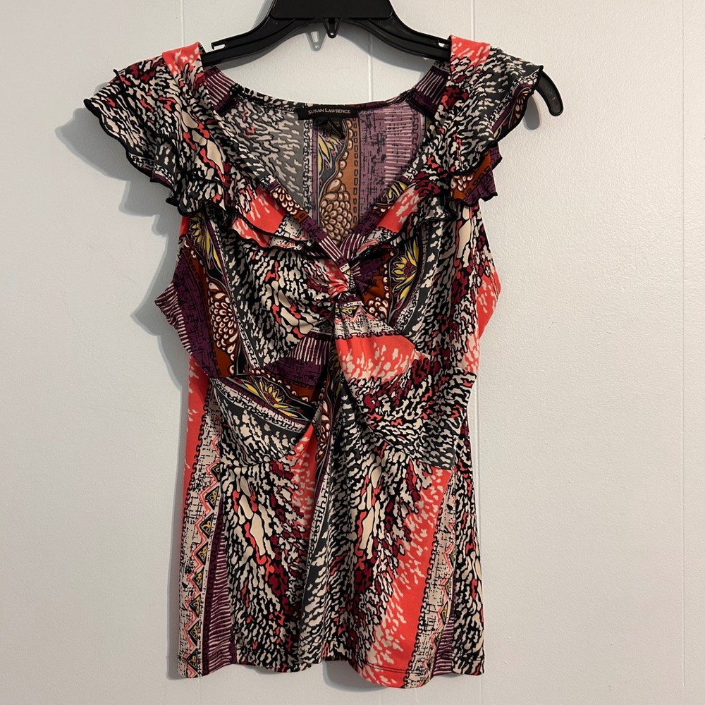 Susan Lawrence Women Coral Purple Mixed Print Ruffle Knot Front Top Size M 832